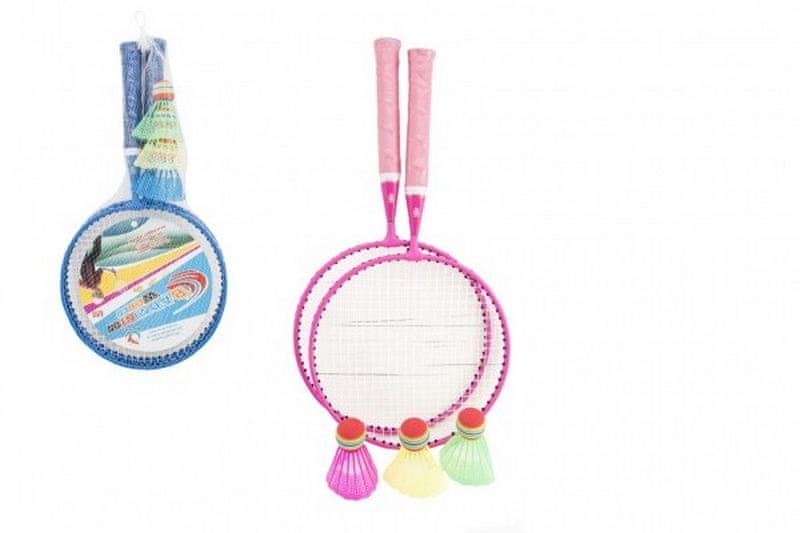 Teddies Badminton sada dětská kov/plast 2 pálky + 3 košíčky v síťce